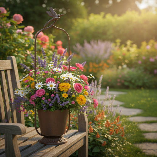 Artikel Vintage Pflanzkübel mit Rankhilfe Libelle Metall Ø16/H62cm Rost-Optik Rankpflanzen