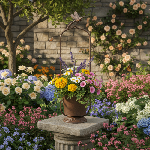 Artikel Vintage Pflanzkübel mit Rankhilfe Libelle Metall Ø16/H62cm Rost-Optik Rankpflanzen