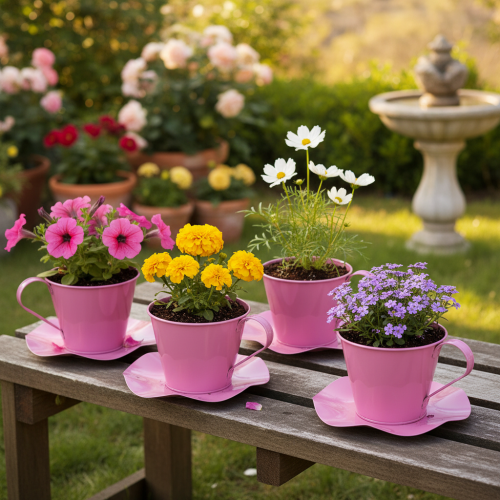 Artikel Deko Teetasse Rosa Metall Ø12 H10cm mit Unterteller 8 St