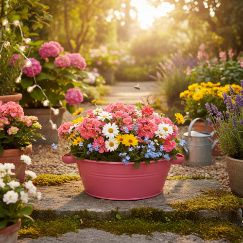 Artikel Blumenschale Rosa Metall Ø33,5cm mit Griffen, Dekoschale vielseitig