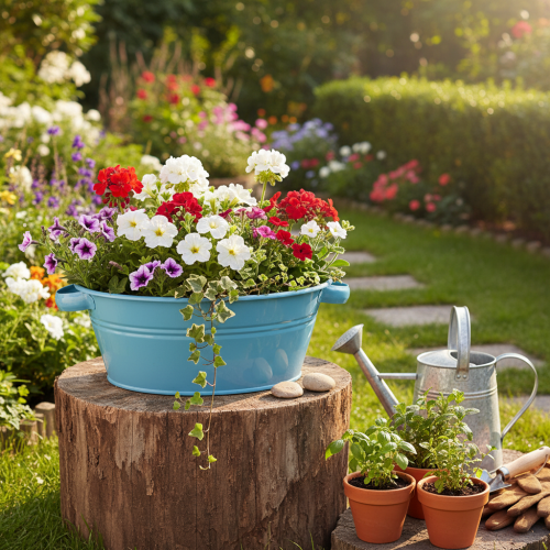 Artikel Metall Deko-Blumenschale Blau Ø33,5cm mit Griffen für Event-Dekoration