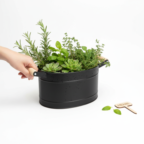 Artikel Blumentopf Metall Oval Griffe Schwarz 34x19,5x15cm - Dekoration