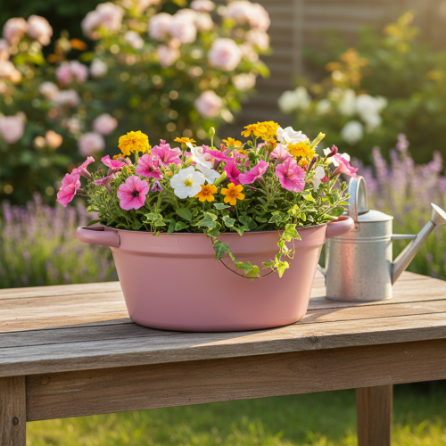 Artikel Metal Pflanzwanne mit Griff Rosa Ø22,5cm - Vielseitige Dekoschale für Haus & Garten
