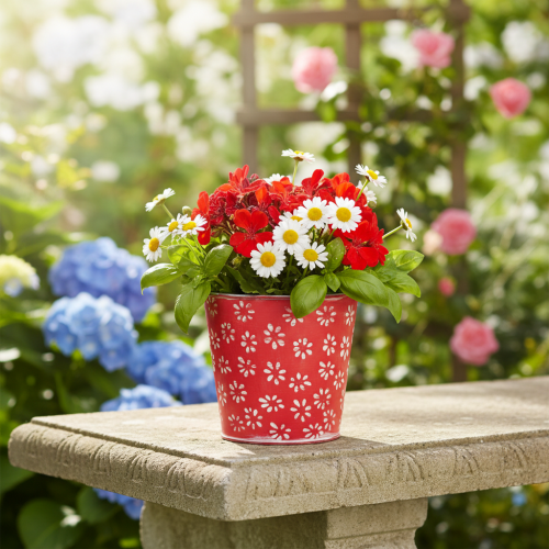 Artikel Übertopf Rot Weiß Mini-Blumentopf geblümt Metall Ø10,5cm H10,5cm