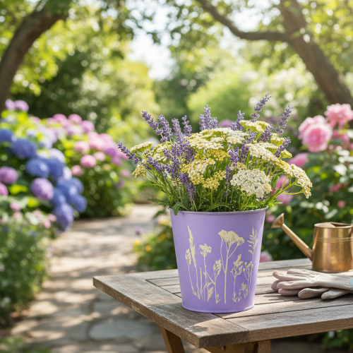 Artikel Blumentopf Metall Übertopf Lila Blumen Ø10cm H10,5cm