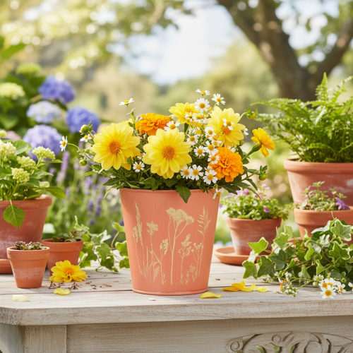 Artikel Blumentopf mit Blumen Dekor Apricot Gelb Ø10,5cm H10,5cm