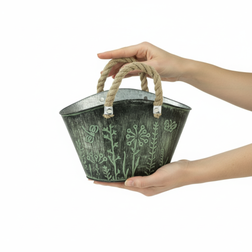 Artikel Blumentopf mit Griffen Tasche Metall Jute 19×13,5×13,5cm