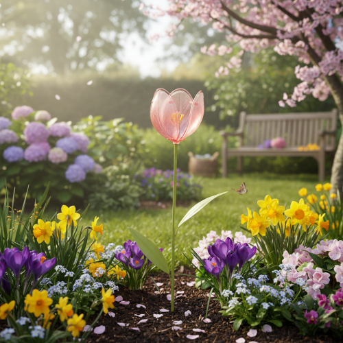 Metall-Gartenstecker Tulpe mit Glasblüte 94 cm für Beete und Balkondekoration | Floristik21.de