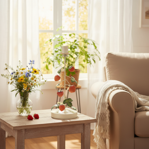Artikel Stabkerzenhalter Metall Erdbeer Sommerdeko Creme Rund H26cm Dekoartikel