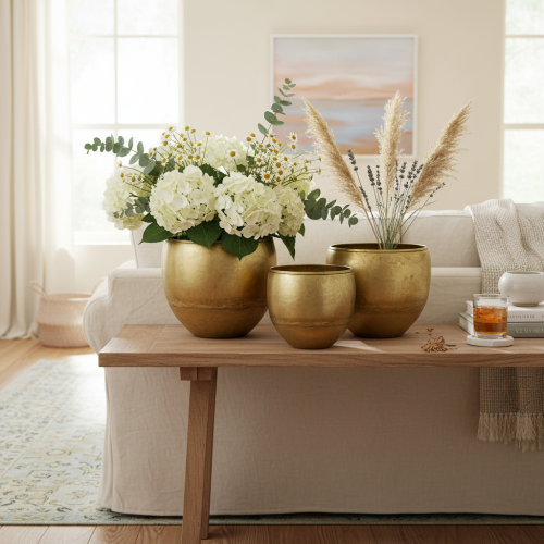 Artikel Deko Vasen Messing-Optik Metallvasen Ø18/15/12,5cm 3er-Set