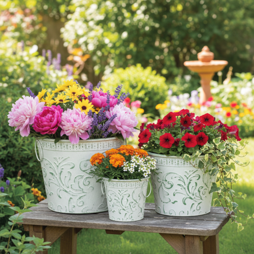 Metall-Töpfe mit Henkeln, Pflanzkübel mit Prägung Weiß, Grün Shabby Chic H20,5/18,5/16cm Ø25,5/20,5/15,5cm 3er-Set | Floristik21.de