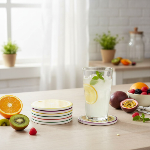 Artikel Obst Untersetzer Set 6-teilig Fruchtmotive Keramik Korkboden 10cm