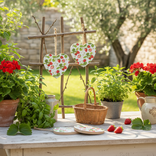 Artikel Deko-Herz Erdbeermotiv Holzanhänger, Frühlingsdeko, Natürliche Akzente - Set aus 4, je 10x10cm