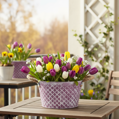 Zinkschale Raute mit Seilgriffen Violett weiß gewaschen Ø24,5cm H14cm | Floristik21.de