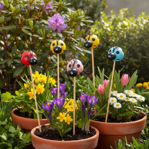 Artikel Marienkäfer Dekofiguren auf Holzstab – Fröhliche Frühlingsdeko für Blumentöpfe und Blumenarrangements 32cm, 16-teilig