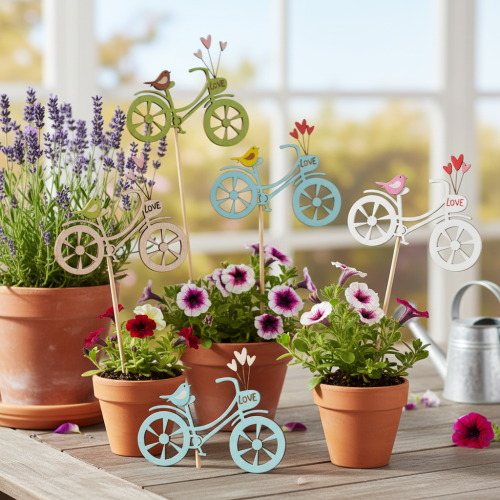 Holzstecker Fahrrad mit Herzen und Vogelmotiv 8cm 12er-Set für Frühjahrsdekoration | Floristik21.de