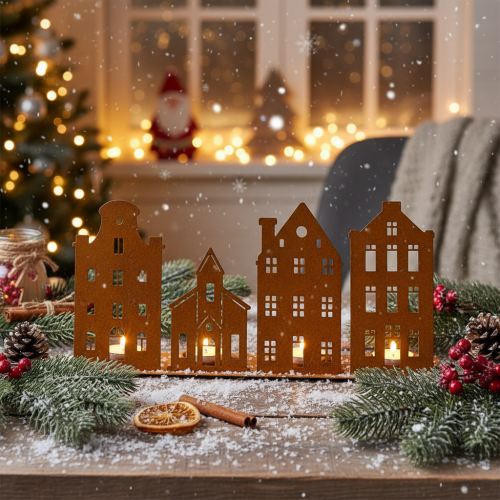 Kerzenständer Weihnachtsbeleuchtung Deko Häuser Rost 52×12cm | Floristik21.de