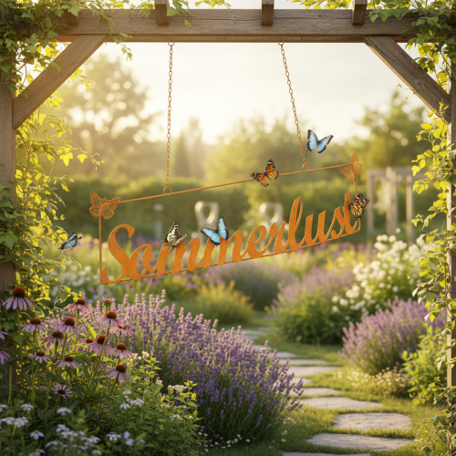 Gartendeko mit Schmetterlingen, Hänger “Sommerlust”, Metalldeko Edelrost L54,5cm H14cm | Floristik21.de