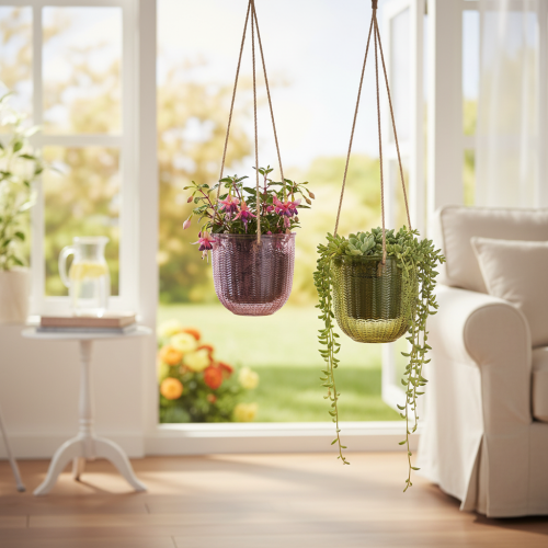 Blumentopf Glas Windlicht zum Hängen Lila Grün 14cm 2St | Floristik21.de