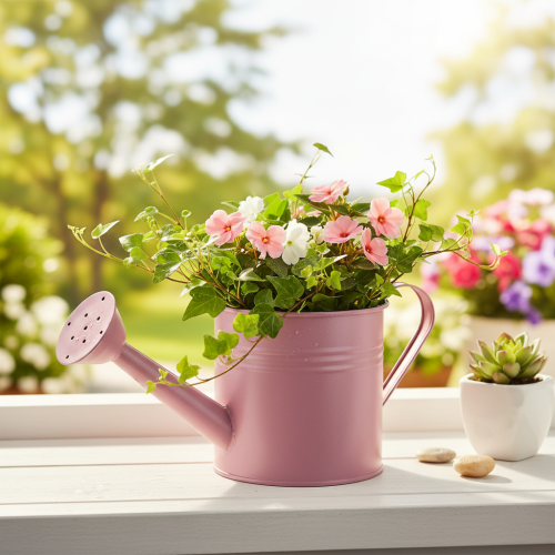 Artikel Deko Gießkanne Rosa Metall Übertopf Ø13,5cm H12,5cm für Floristik und Innendekoration