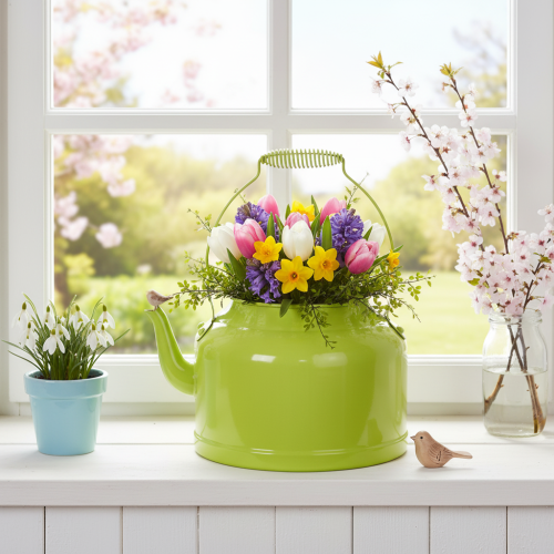 Deko-Teekanne Metall Apfelgrün - Blumen-Übertopf - Ø20cm H15cm - Vielseitige Gartendeko und Geschenkidee | Floristik21.de