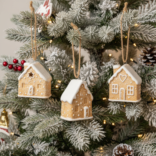 Keramik Lebkuchenhaus Hängedeko 6cm natur/weiß 3er-Set Innenbereich | Floristik21.de