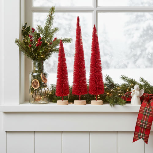 Deko Tannenbaum schmal künstlich mit Holzsockel Rot 40cm 3er Set | Floristik21.de
