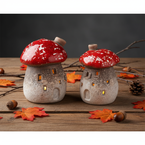 Pilzhaus Deko-Lichthäuschen Keramik 10 cm Rot-Weiß 2er-Set Innenbereich | Floristik21.de