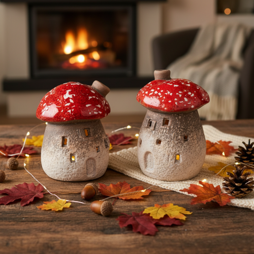 Pilzhaus Deko-Lichthäuschen Keramik 10 cm Rot-Weiß 2er-Set Innenbereich | Floristik21.de