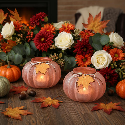 Windlicht Glas Kürbis Teelichtgefäß gefrostet 16cm Herbstdeko 2er Set | Floristik21.de