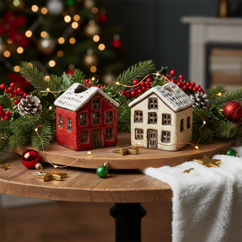 Kerzenständer aus Keramik in Hausform mit Schnee, 7 cm, 2 Stück, rot und beige | Floristik21.de