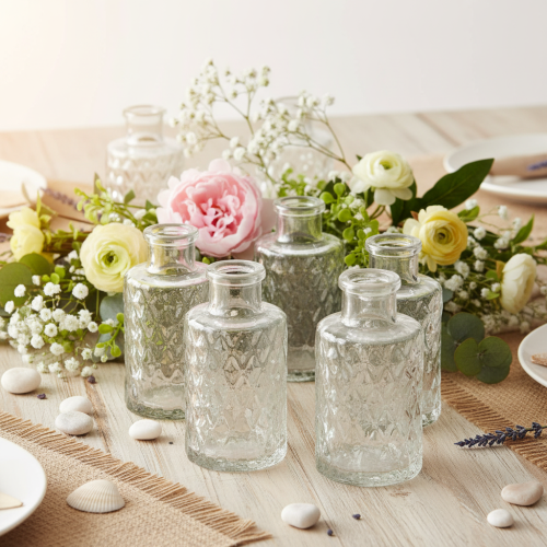 Set aus 6 Mini Glasvasen mit Rautenmuster, transparent, H 9 cm, Ø 5 cm | Floristik21.de