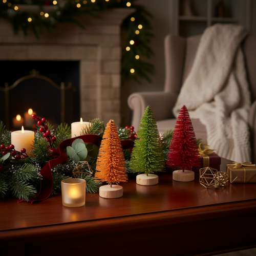 Künstlicher Tannenbaum mit Holzfuß 16cm 6er-Set Grün/Rot/Orange für Innenbereich | Floristik21.de