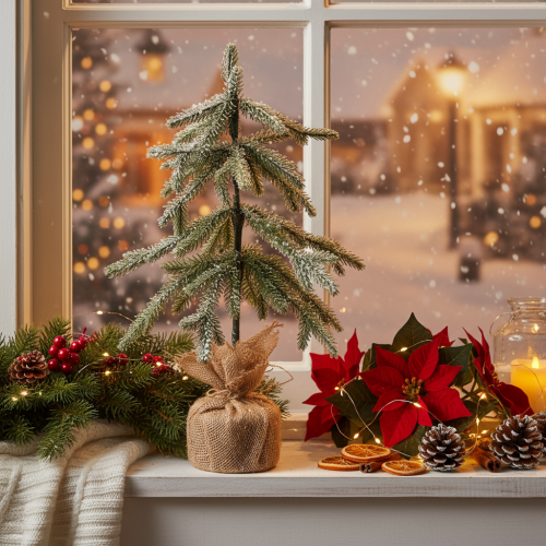 Kunstpflanze Tannenbaum 50cm beschneit LED Jutesack innen Batteriebetrieben | Floristik21.de