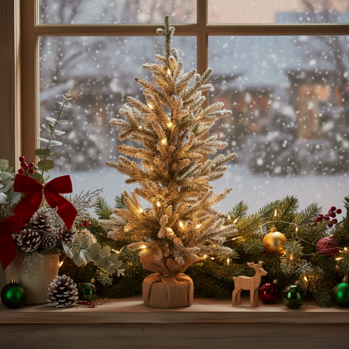 Künstlicher Tannenbaum beschneit mit 40 LED Lichtern und Jutesack, 85 cm | Floristik21.de