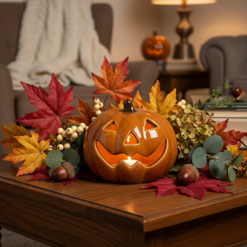 Keramik Kürbis mit LED, 10 cm, Orange, Halloween-Dekoration | Floristik21.de