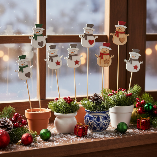 Holzstecker Schneemann 31cm bunt natur 12er-Set für Blumengestecke und Innenraumdeko | Floristik21.de