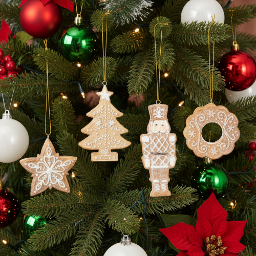 Weihnachtsanhänger Kunststoff Lebkuchenoptik 6cm Nussknacker Stern Baum Kranz 4er Set | Floristik21.de