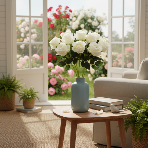 Kunstblume Rose Weiß Langer Stiel 62cm 12 Stück | Floristik21.de