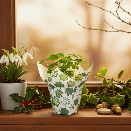 Artikel Übertopf aus Papier mit Kleeblatt-Motiv Grün-Weiß Ø12cm H12cm 12 Stück Innenbereich