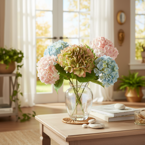 Künstliche Hortensie mit Stiel 46cm hellgrün-rosa | Floristik21.de