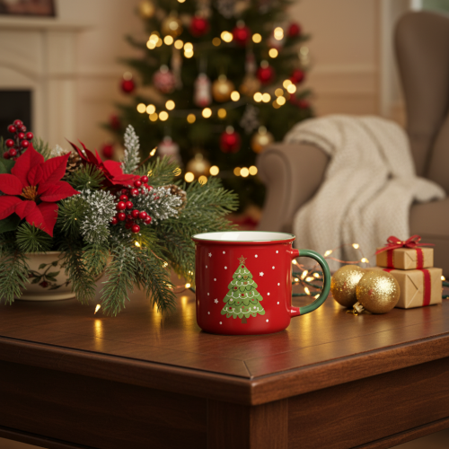 Artikel Keramiktasse Rot mit Tannenbaum-Motiv, 9 cm