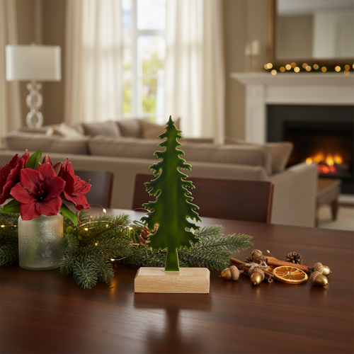 Artikel Deko-Tannenbaum aus Metall mit Holzsockel, 26 cm, grün/Naturholz