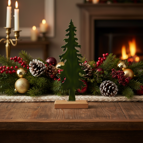 Tannenbaum-Figur Metall 36cm grün mit Holzsockel für Innenbereich | Floristik21.de
