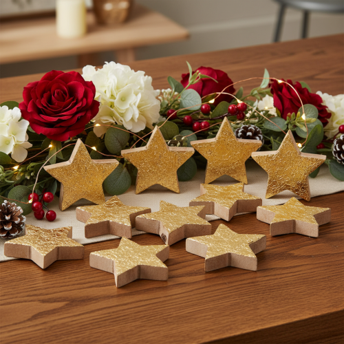 Artikel Deko-Sterne 5cm Holz goldfarben beschichtet 9 Stück Innenbereich