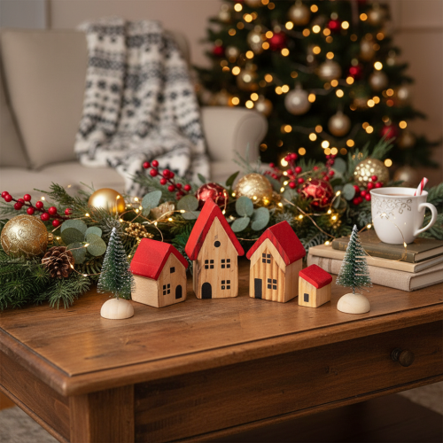 Holz-Dekohaus-Set mit roten Dächern und Tannenbäumen, 12 cm, 6-tlg | Floristik21.de