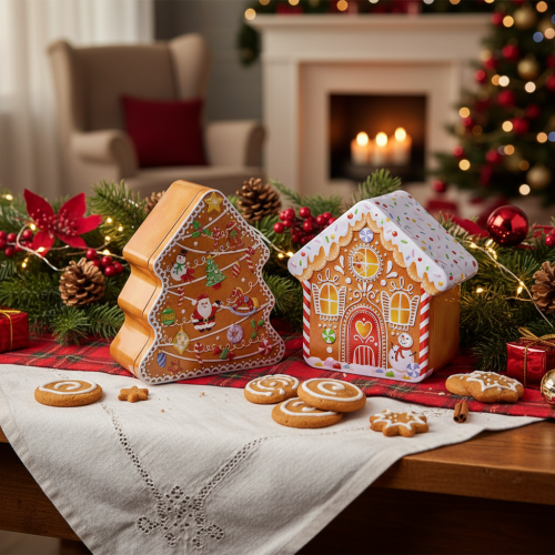Artikel Metalldosen Set Lebkuchenoptik Tannenbaum und Haus 14 cm und 13 cm