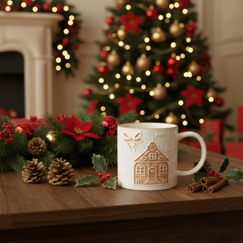 Artikel Keramiktasse 9cm mit Hausmotiv und Relief in Beige-Braun