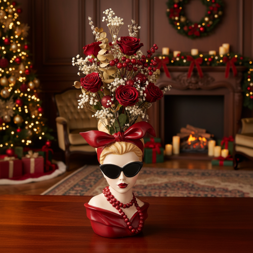 Artikel Kopfvase aus Polyresin, Frauenkopf mit Sonnenbrille und Perlenkette, 30 cm