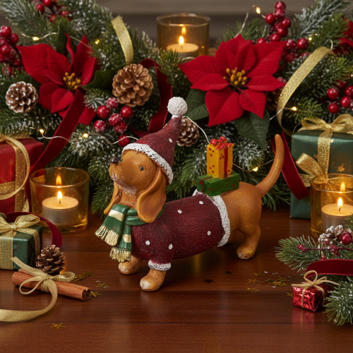 Dekofigur Dackel mit Geschenkpaket und Mütze aus Polyresin 18 cm x 5 cm x 13 cm | Floristik21.de